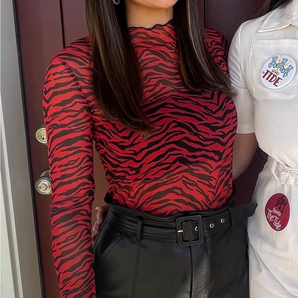 Zara Red and Black Animal Print mesh top